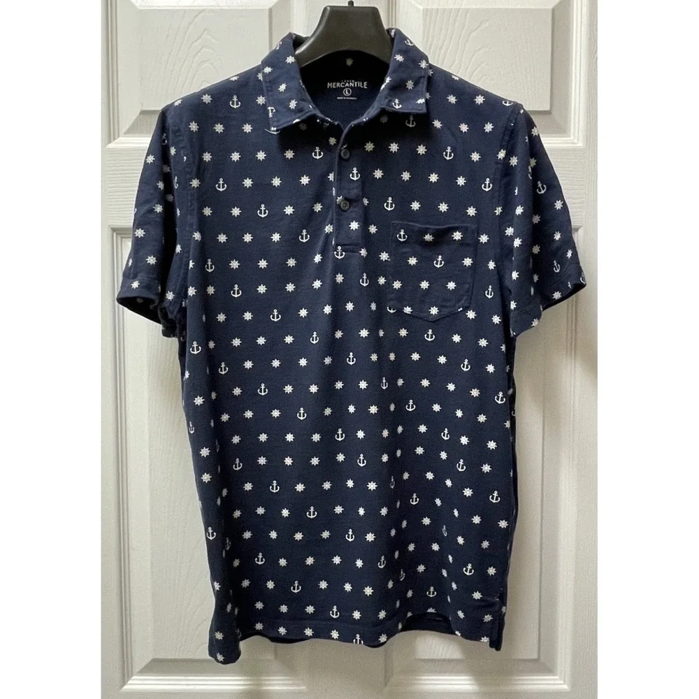 J Crew Men's Large Knit Polo Allover Navy Nautical Print Preppy Pocket‎